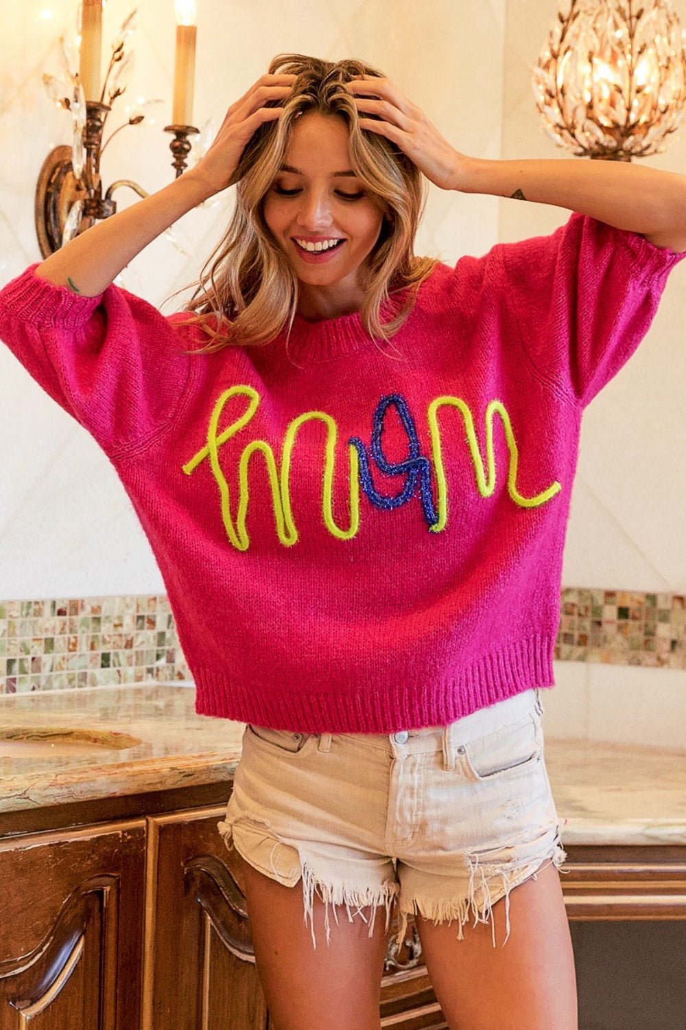 Mom Fuchsia Round Neck Sweater - Global Village Kailua Boutique