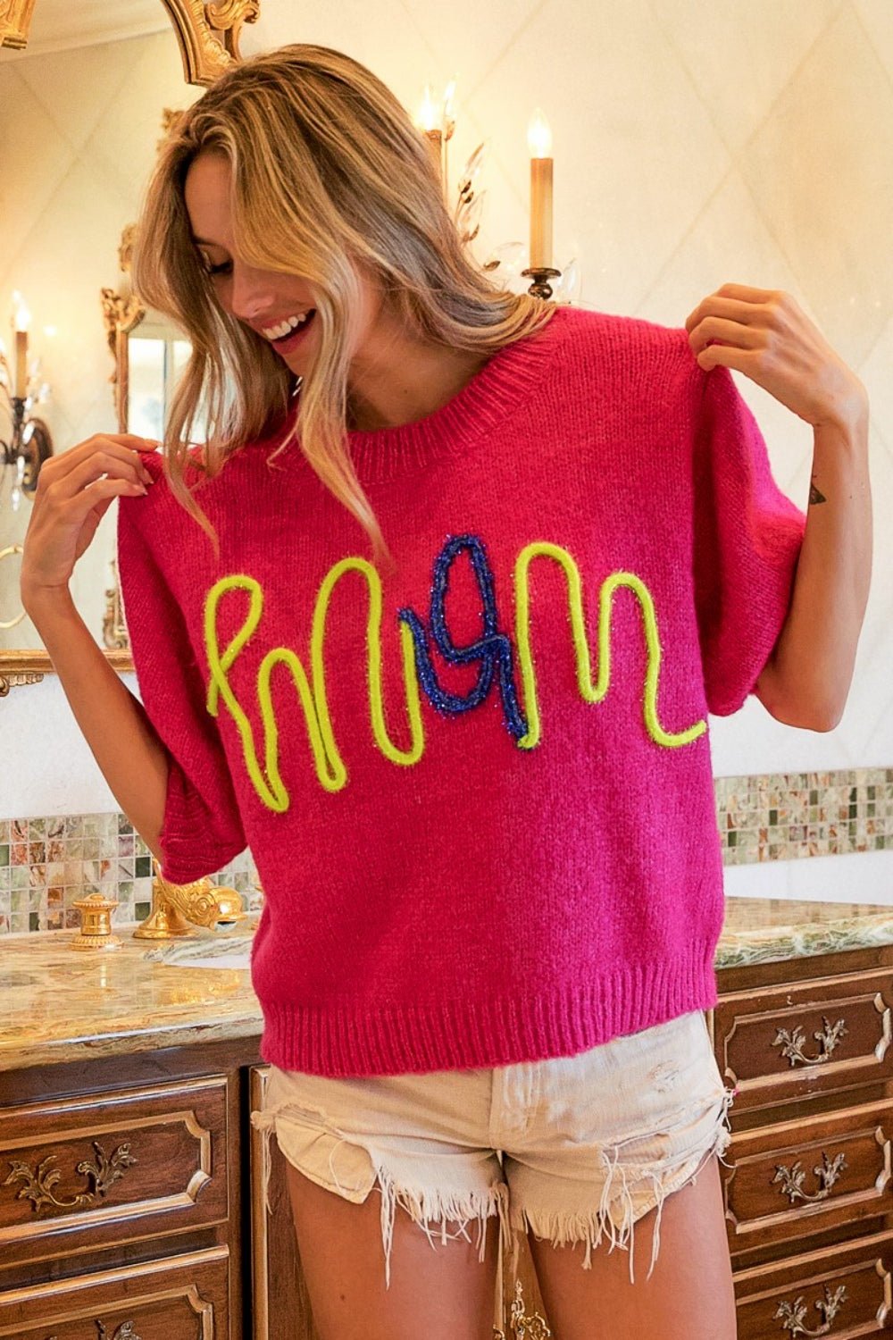 Mom Fuchsia Round Neck Sweater - Global Village Kailua Boutique