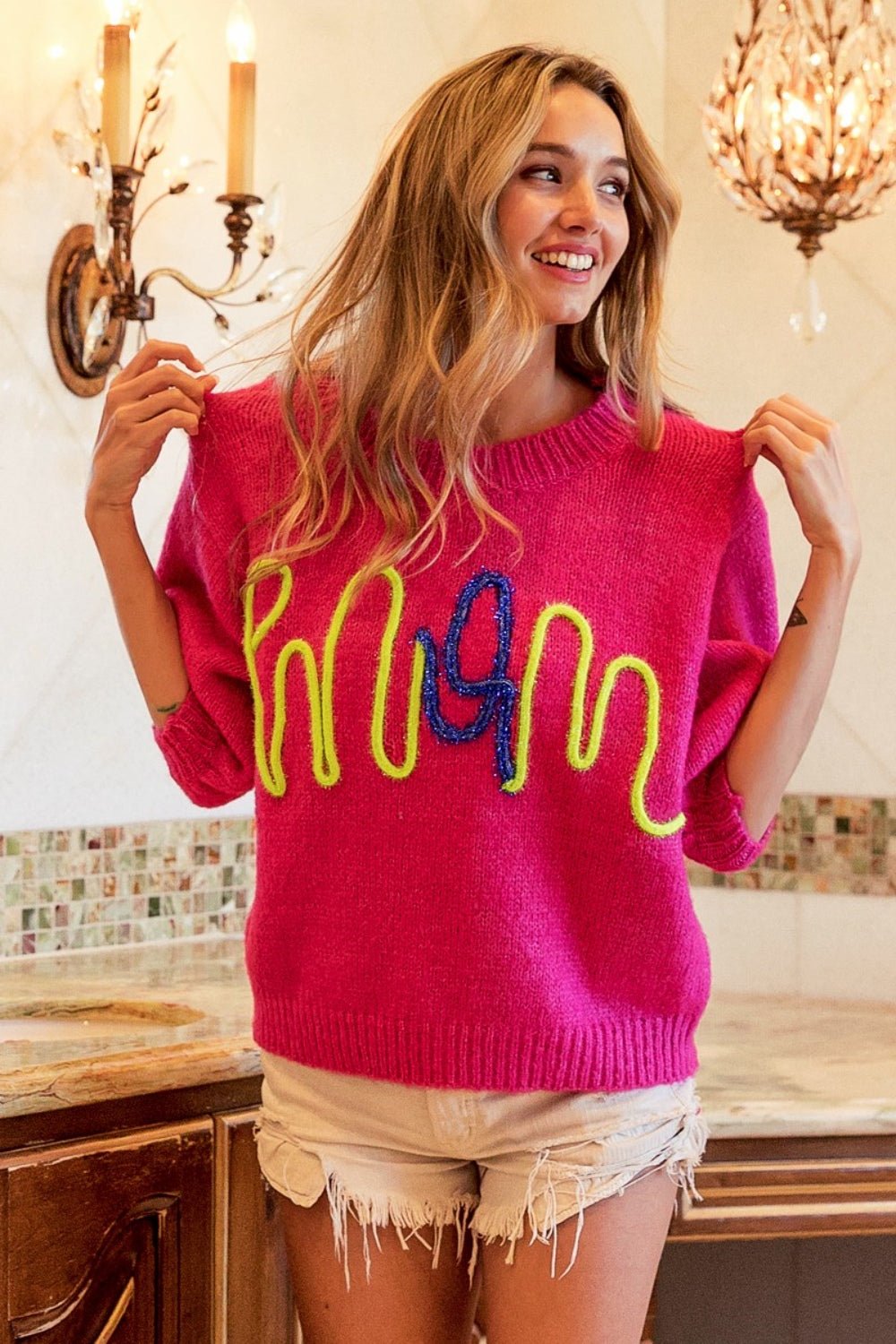 Mom Fuchsia Round Neck Sweater - Global Village Kailua Boutique