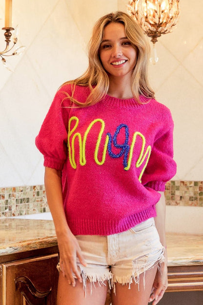 Mom Fuchsia Round Neck Sweater - Global Village Kailua Boutique