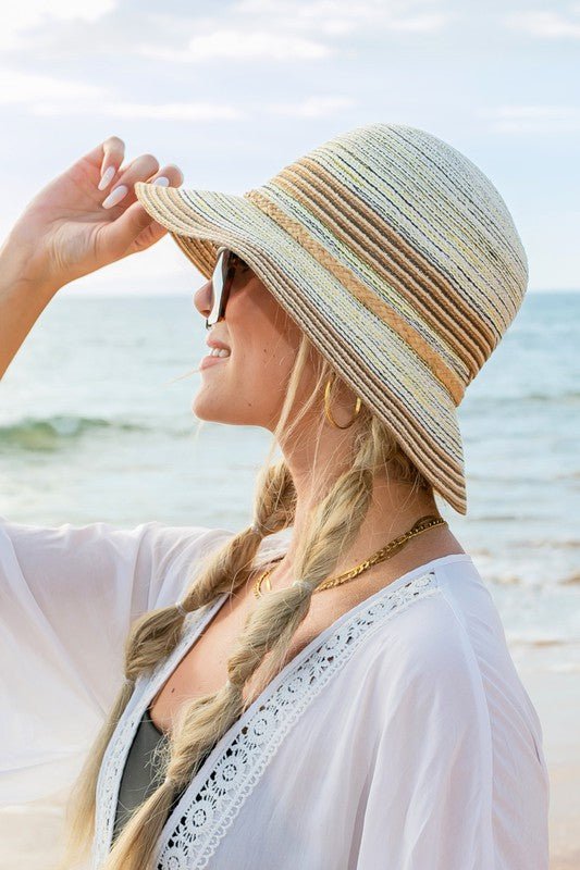 Multi-Stripe Bow Accent Bucket Straw Sun Hat - Global Village Kailua Boutique