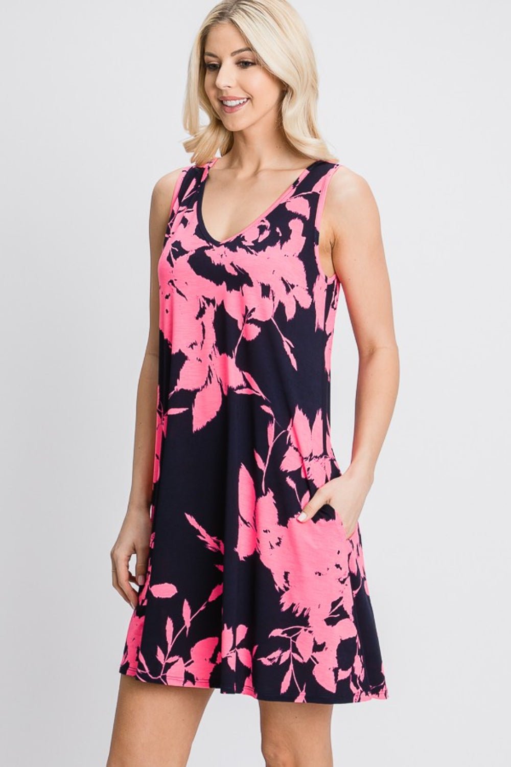 Navy Pink Floral V-Neck Tank Dress with Pockets - Global Village Kailua Boutique