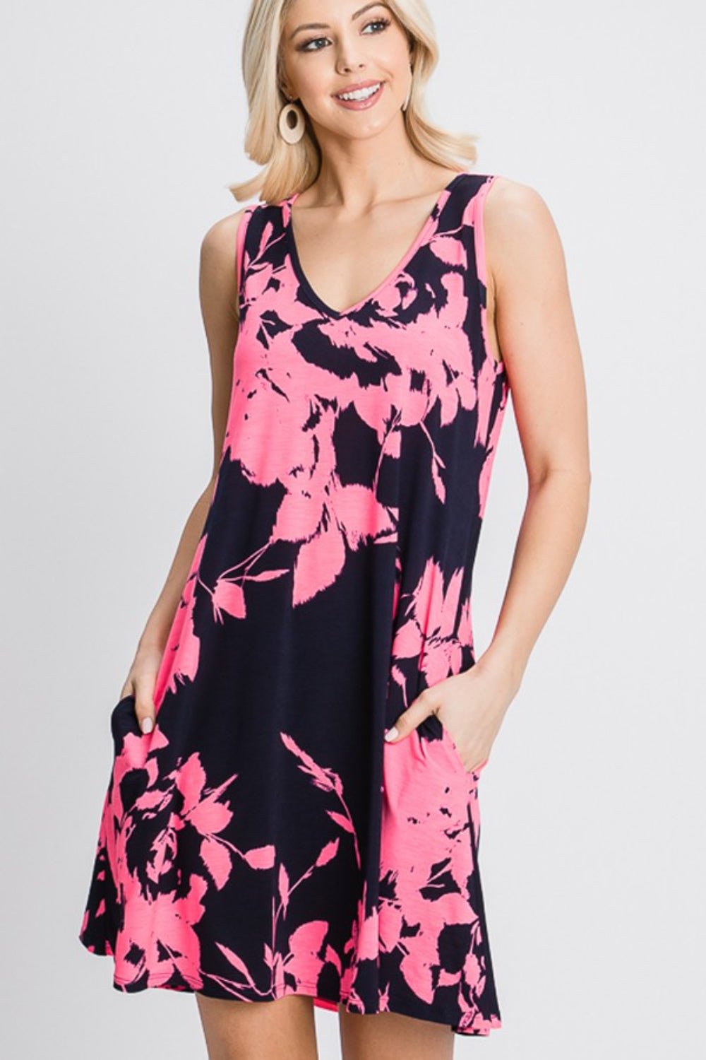 Navy Pink Floral V-Neck Tank Dress with Pockets - Global Village Kailua Boutique