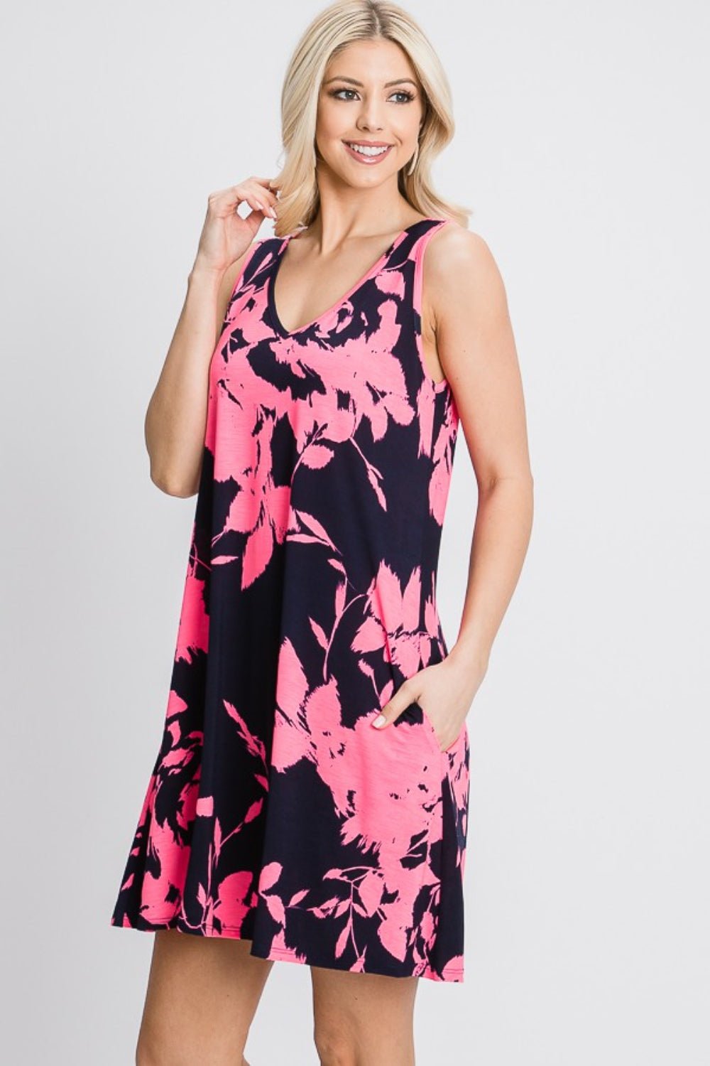 Navy Pink Floral V-Neck Tank Dress with Pockets - Global Village Kailua Boutique