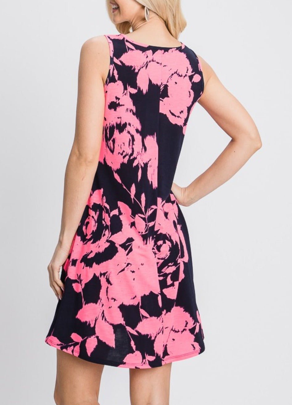 Navy Pink Floral V-Neck Tank Dress with Pockets - Global Village Kailua Boutique