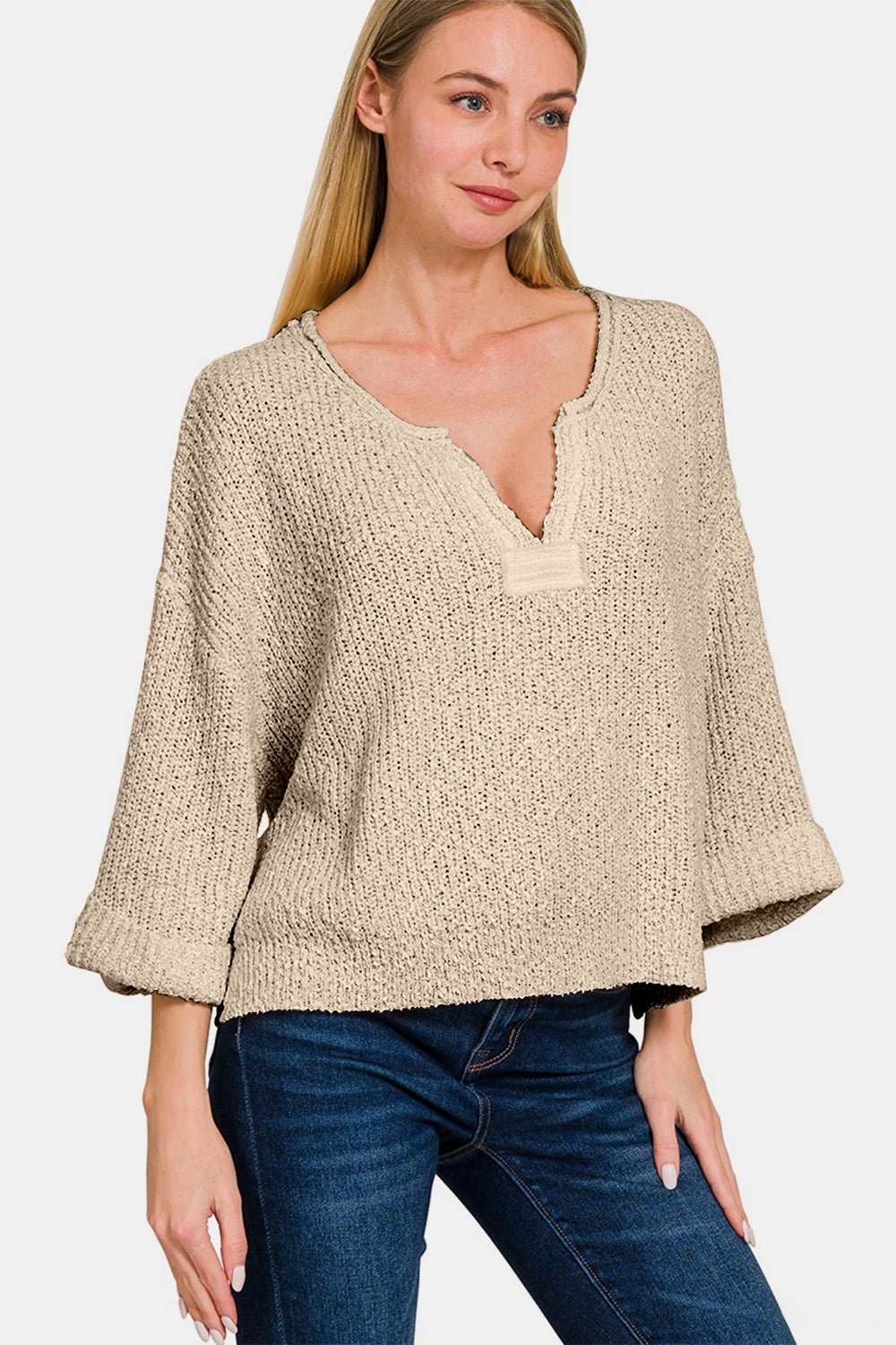 Notched Side Slit Patch Detail Sweater - Global Village Kailua Boutique