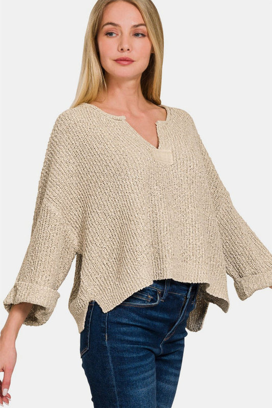 Notched Side Slit Patch Detail Sweater - Global Village Kailua Boutique