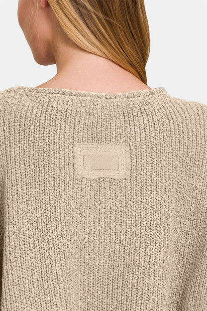 Notched Side Slit Patch Detail Sweater - Global Village Kailua Boutique