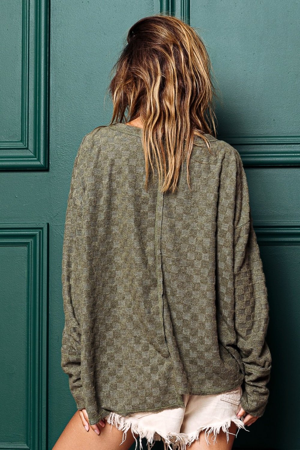 Olive Checkered Thumbhole Long Sleeve Top - Global Village Kailua Boutique