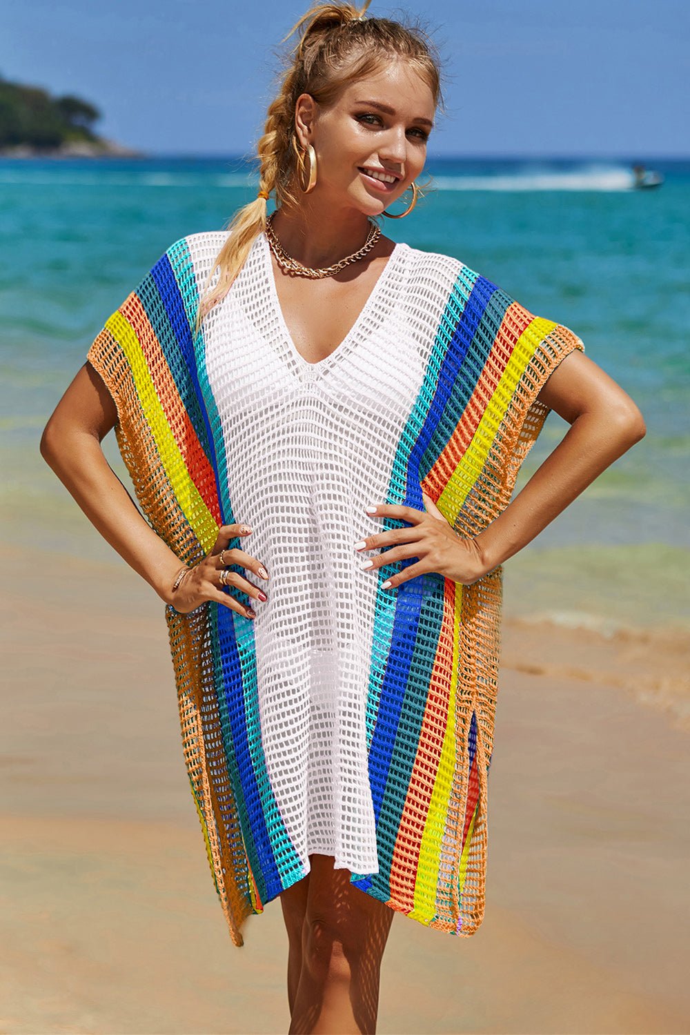 Openwork Striped Slit Knit Cover Up - Global Village Kailua Boutique