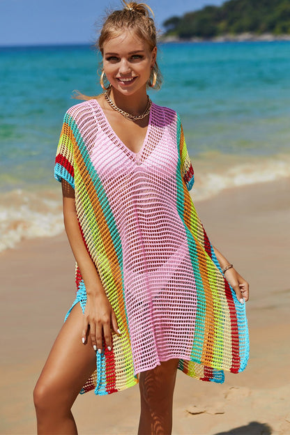 Openwork Striped Slit Knit Cover Up - Global Village Kailua Boutique