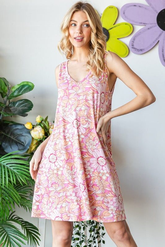 Pink Floral V-Neck Tank Dress with Pockets - Global Village Kailua Boutique