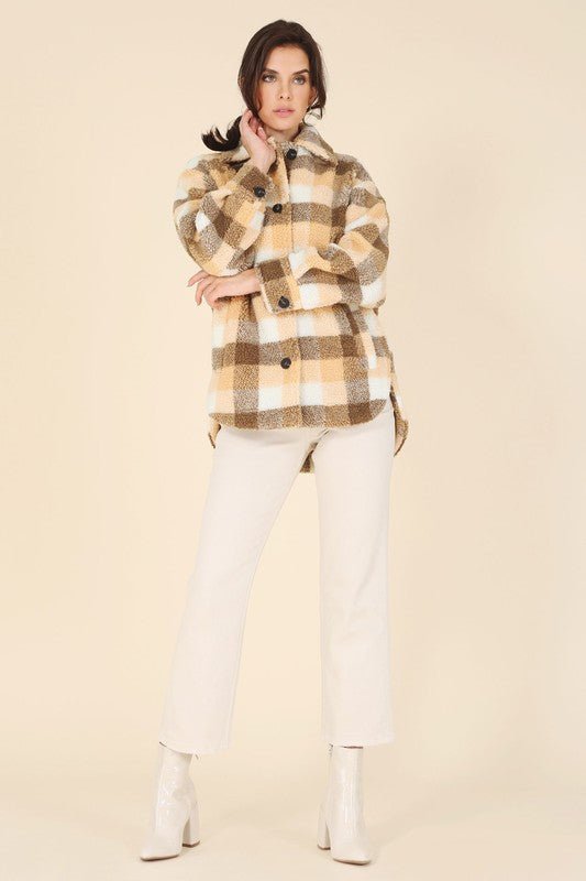 Plaid sherpa jacket with pockets - Global Village Kailua Boutique