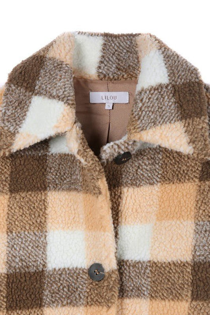 Plaid sherpa jacket with pockets - Global Village Kailua Boutique