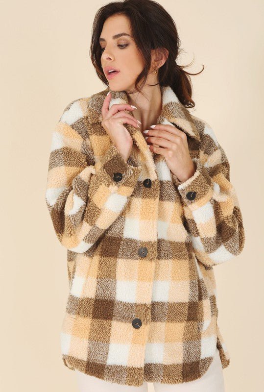 Plaid sherpa jacket with pockets - Global Village Kailua Boutique