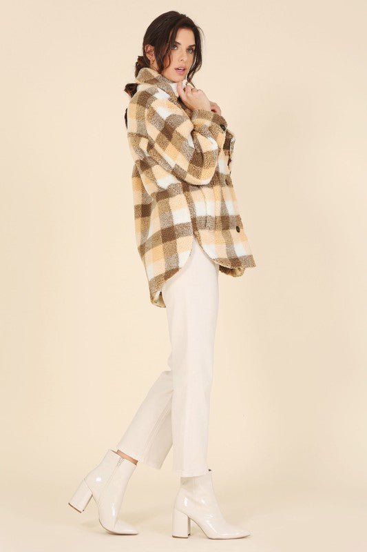 Plaid sherpa jacket with pockets - Global Village Kailua Boutique