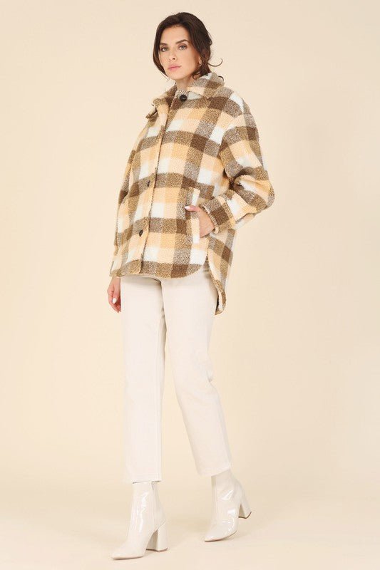 Plaid sherpa jacket with pockets - Global Village Kailua Boutique