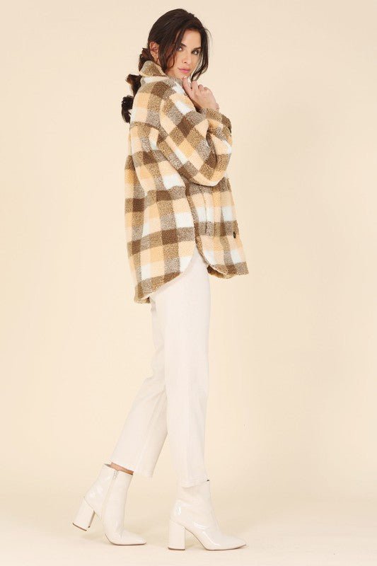 Plaid sherpa jacket with pockets - Global Village Kailua Boutique