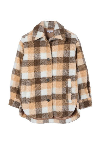 Plaid sherpa jacket with pockets - Global Village Kailua Boutique