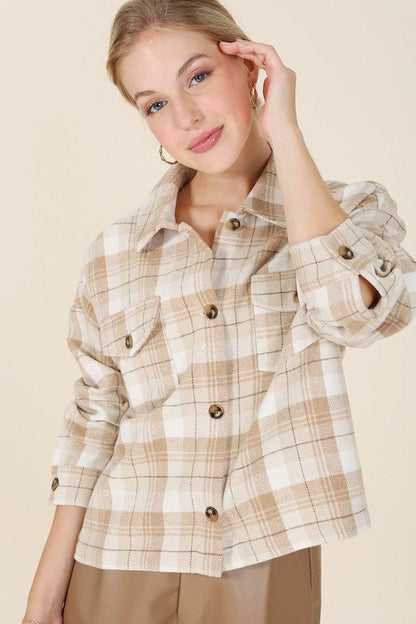 Plaid short shacket with pockets - Global Village Kailua Boutique