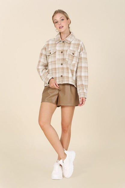 Plaid short shacket with pockets - Global Village Kailua Boutique