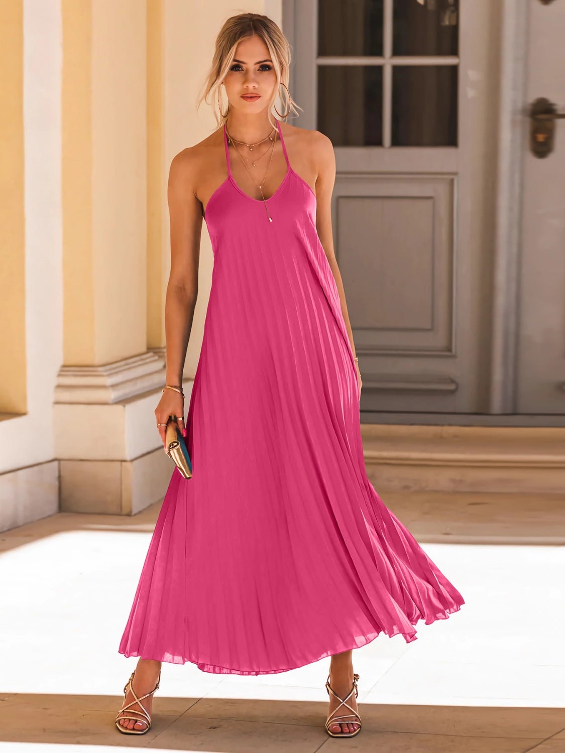 Pleated Halter Neck Maxi Dress - Global Village Kailua Boutique