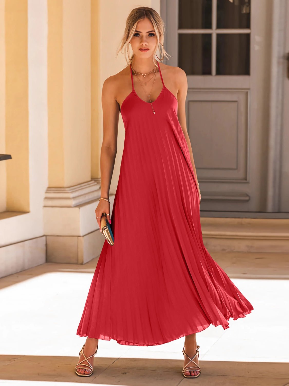 Pleated Halter Neck Maxi Dress - Global Village Kailua Boutique