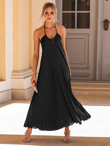 Pleated Halter Neck Maxi Dress - Global Village Kailua Boutique