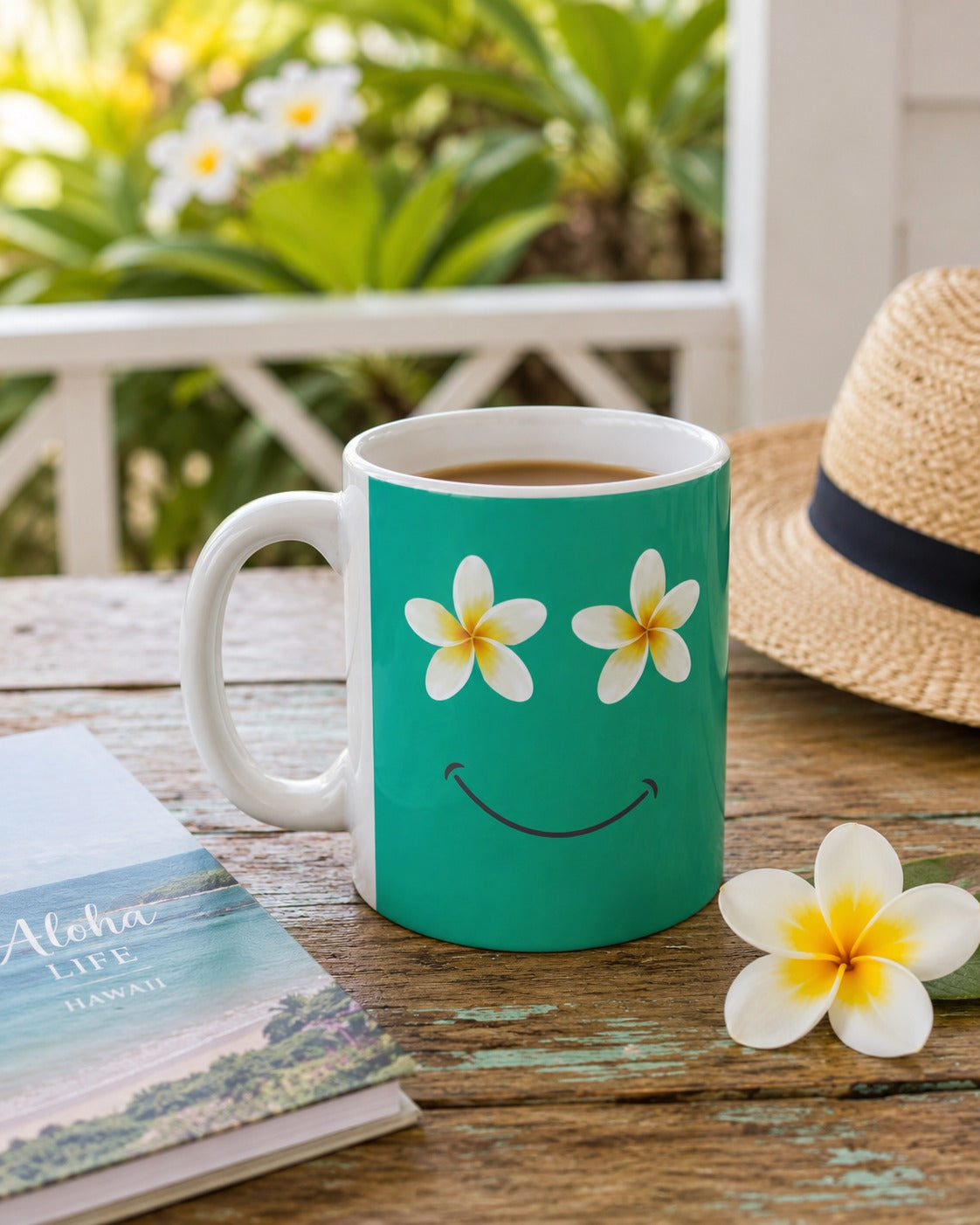 A teal ceramic coffee mug with a white handle and rim, decorated with two white plumeria flowers for eyes and a black smiley face, sitting on a rustic wooden table with a straw hat, a book, and a plumeria flower nearby.
