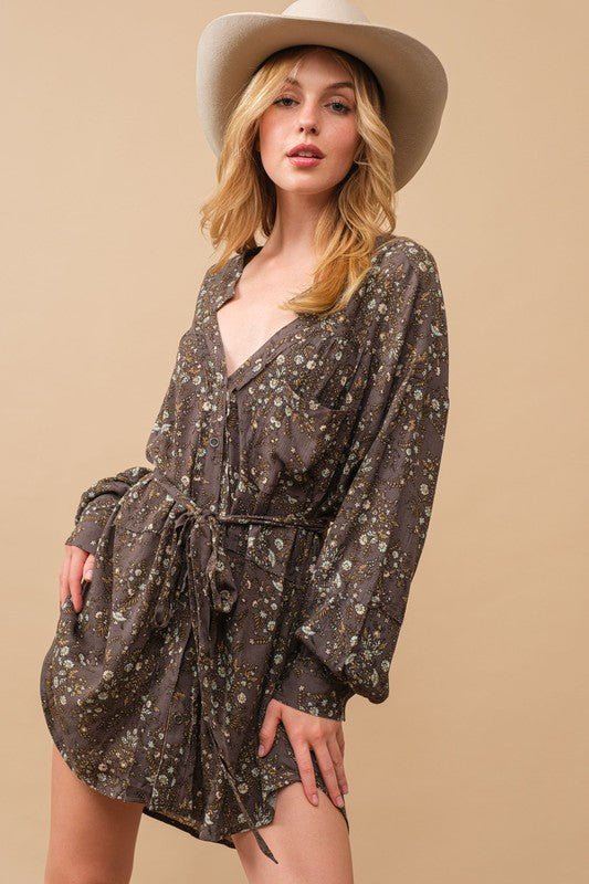 Rayon Crinkle Ditsy Floral Raw Shift Shirt Dress - Global Village Kailua Boutique