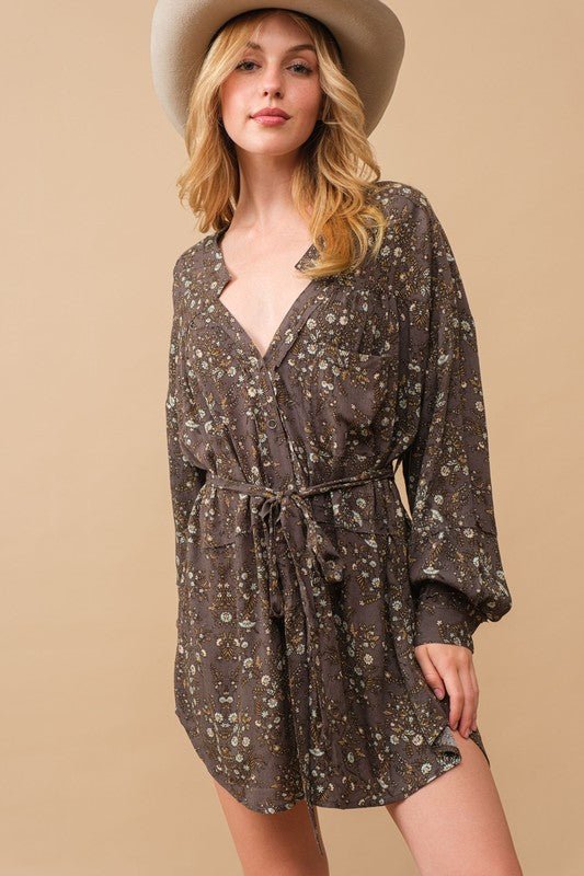 Rayon Crinkle Ditsy Floral Raw Shift Shirt Dress - Global Village Kailua Boutique