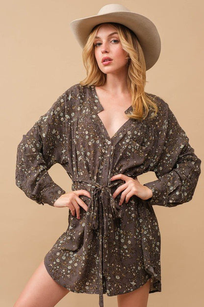 Rayon Crinkle Ditsy Floral Raw Shift Shirt Dress - Global Village Kailua Boutique