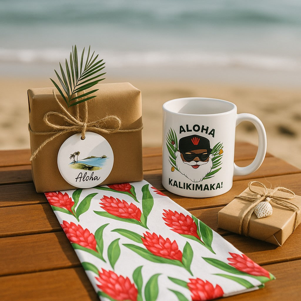 Red ginger kitchen towel folded on wooden table displayed with santa aloha kalikimaka mug and hawaii ornament