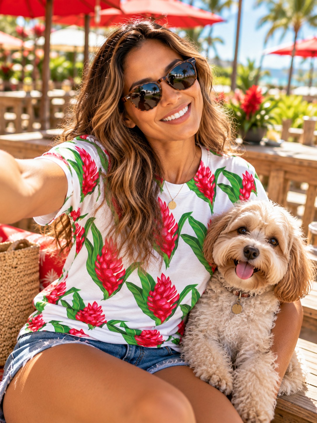 Woman wearing white Red Ginger tropical print tee taking a selfie with her small dog