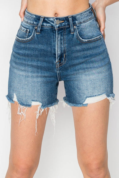 RISEN High Rise Raw Hem Distressed Denim Shorts - Global Village Kailua Boutique