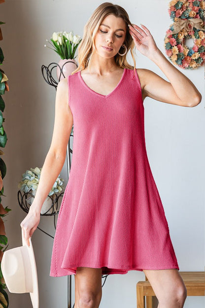 Rose V-Neck Ribbed Mini Tank Dress - Global Village Kailua Boutique