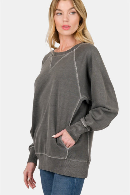 Round Neck Sweatshirt with Pockets - Global Village Kailua Boutique