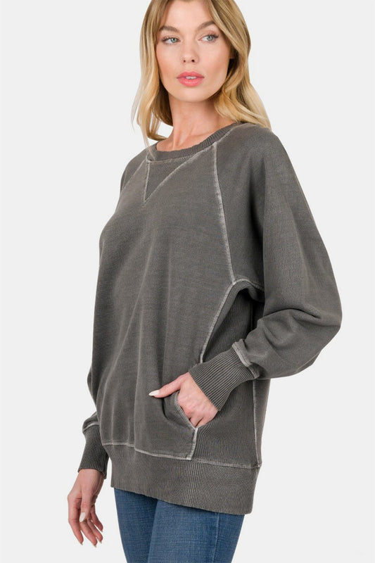 Round Neck Sweatshirt with Pockets - Global Village Kailua Boutique