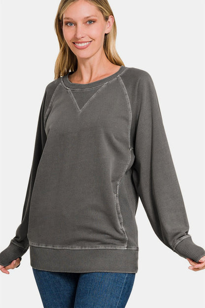 Round Neck Sweatshirt with Pockets - Global Village Kailua Boutique