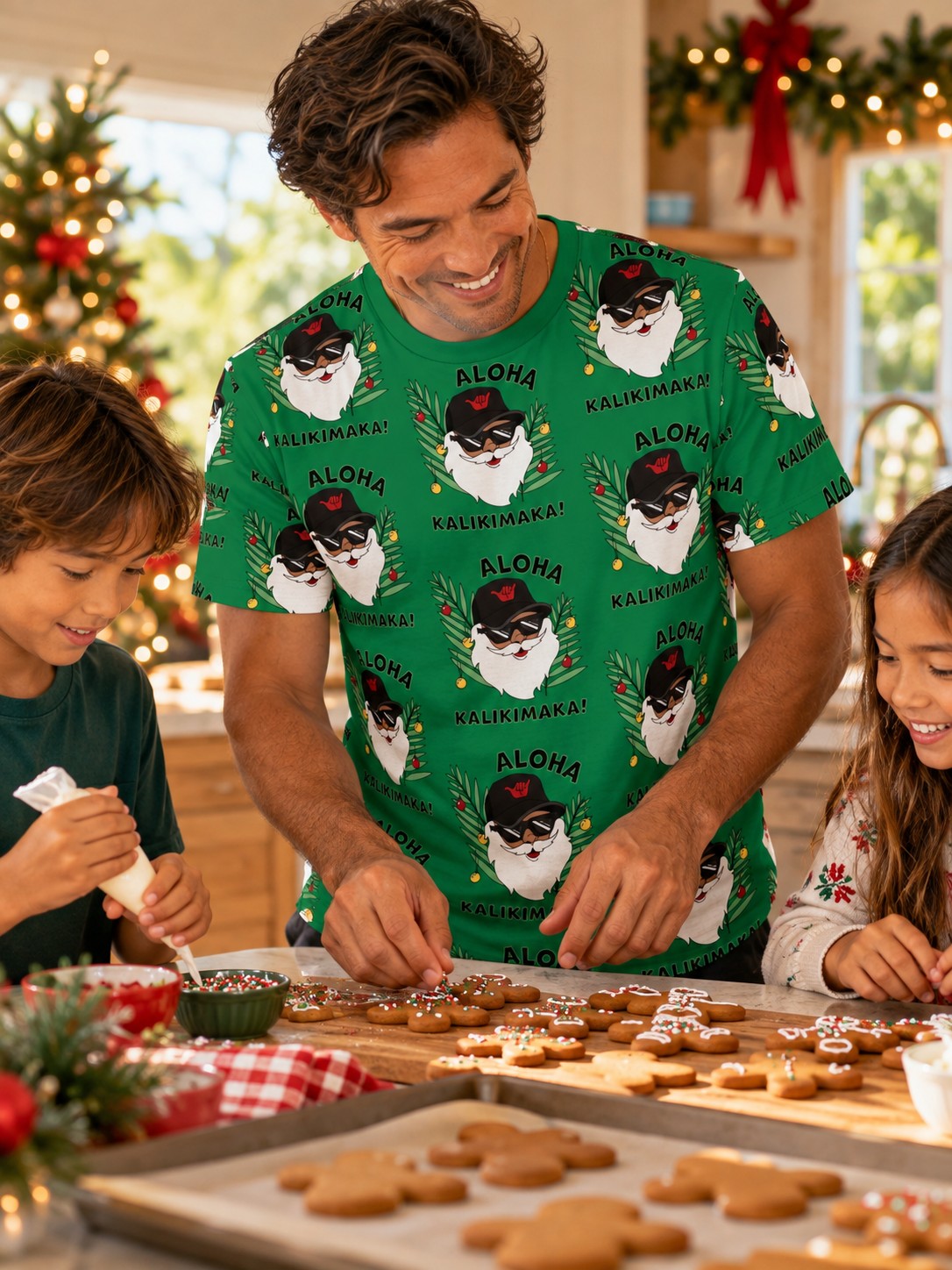 Man wearing green Aloha Kalikimaka Santa tee while decorating Christmas cookies with his family