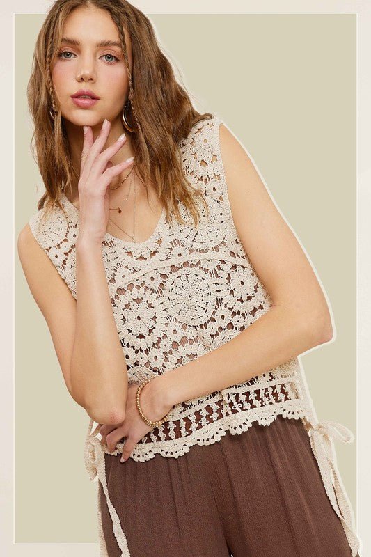 Self Side Tie Detailed Crochet Vest Top - Global Village Kailua Boutique