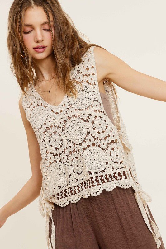 Self Side Tie Detailed Crochet Vest Top - Global Village Kailua Boutique