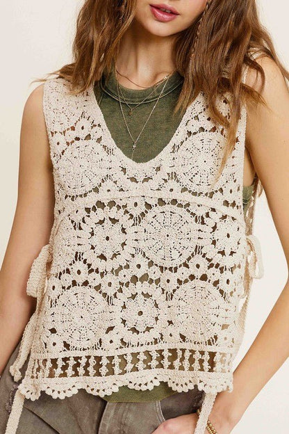 Self Side Tie Detailed Crochet Vest Top - Global Village Kailua Boutique