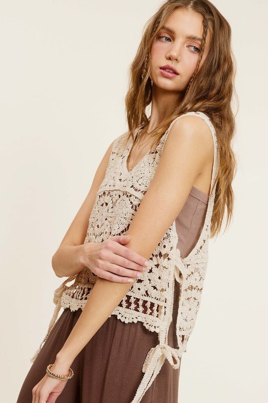 Self Side Tie Detailed Crochet Vest Top - Global Village Kailua Boutique