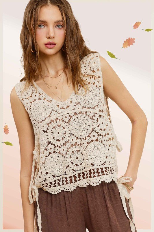 Self Side Tie Detailed Crochet Vest Top - Global Village Kailua Boutique