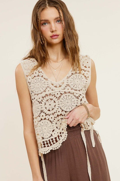 Self Side Tie Detailed Crochet Vest Top - Global Village Kailua Boutique