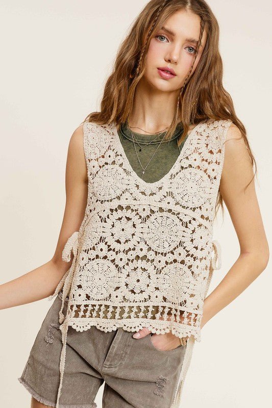 Self Side Tie Detailed Crochet Vest Top - Global Village Kailua Boutique