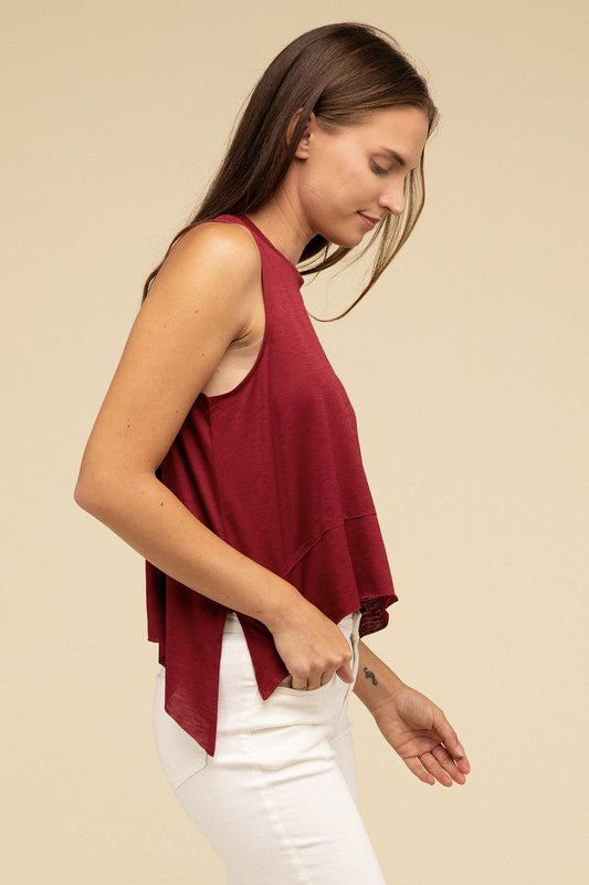 Shark Bite Side Slit Short Sleeveless Top - Global Village Kailua Boutique