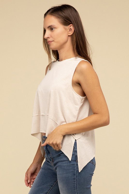 Shark Bite Side Slit Short Sleeveless Top - Global Village Kailua Boutique