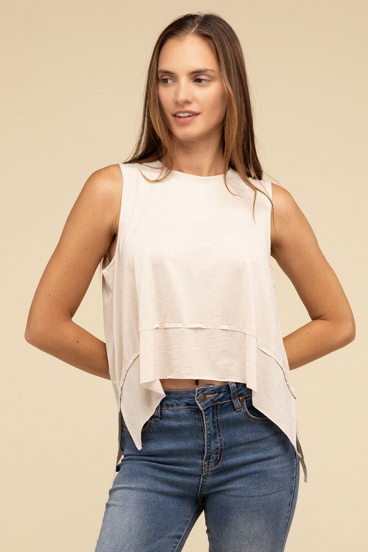 Shark Bite Side Slit Short Sleeveless Top - Global Village Kailua Boutique